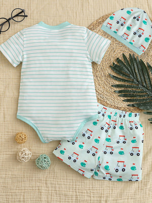 Baby bodysuit with mint stripes and matching shorts with golf cart print.
