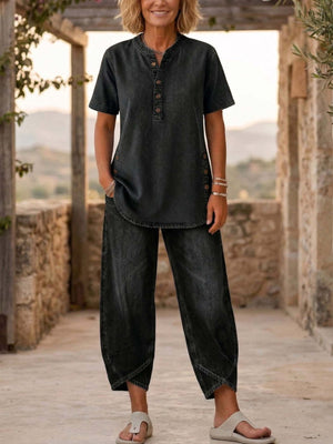 Black relaxed pajama set with mandarin collar
