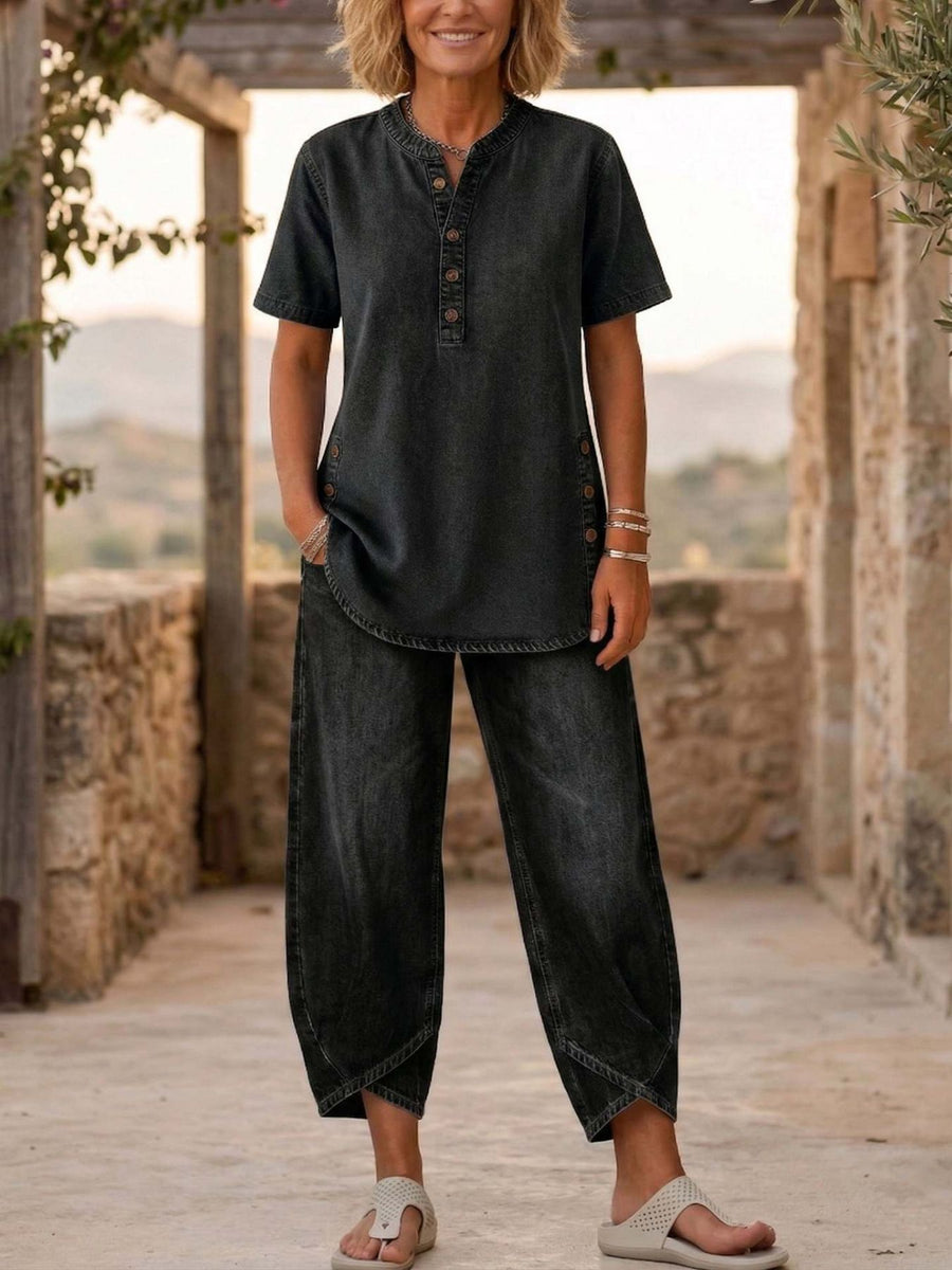Black relaxed pajama set with mandarin collar