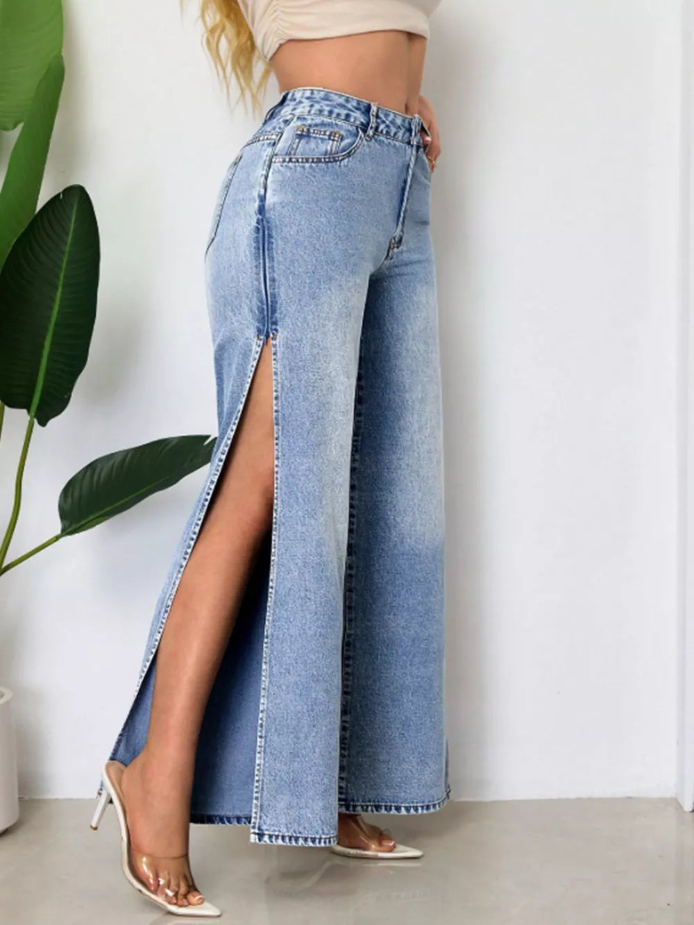 Blue with High-waisted Wide-leg Jeans With Side Slits