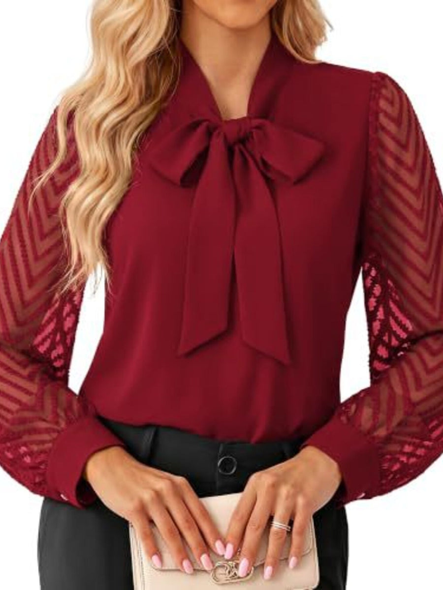 Bow-Tie Blouse With Sheer Chevron Sleeves in Black