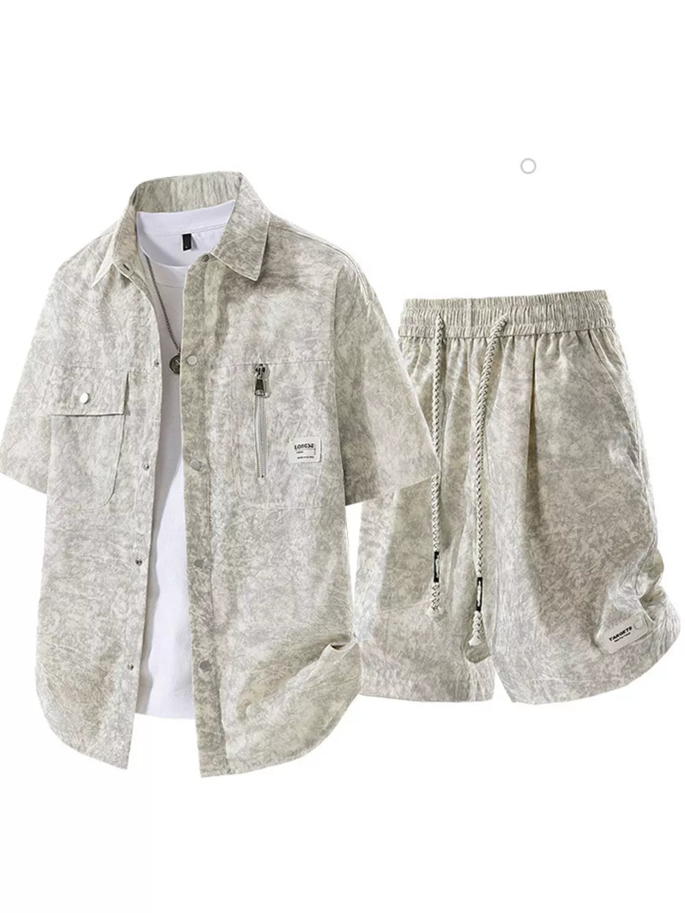 Beige Men's Plus Size Lightweight Textured Shirt And Shorts Set