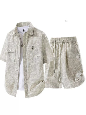 Beige Men's Plus Size Lightweight Textured Shirt And Shorts Set