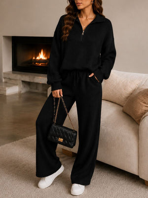 lounge set in cream with zipper and full-length