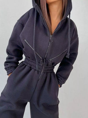 athleisure jumpsuit in Gray with hooded