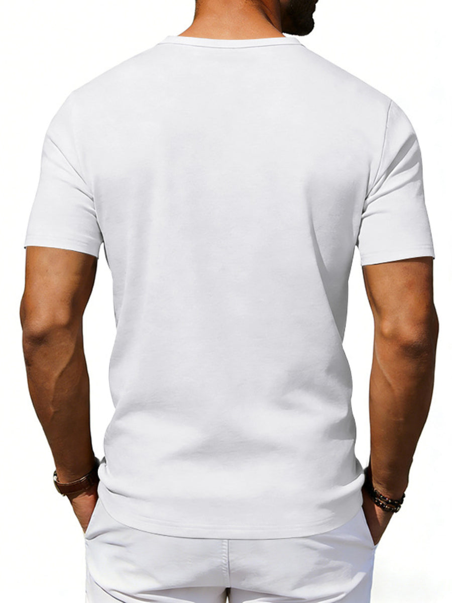 White cotton blend scoop neck tee with short sleeves, a relaxed fit, and a plain back.