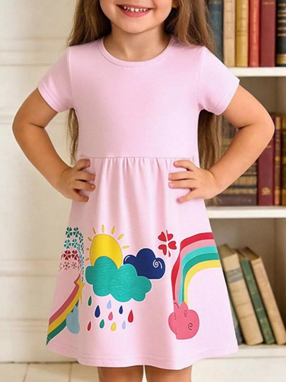 Pink cotton toddler dress with rainbow, sun, clouds, and rain print.