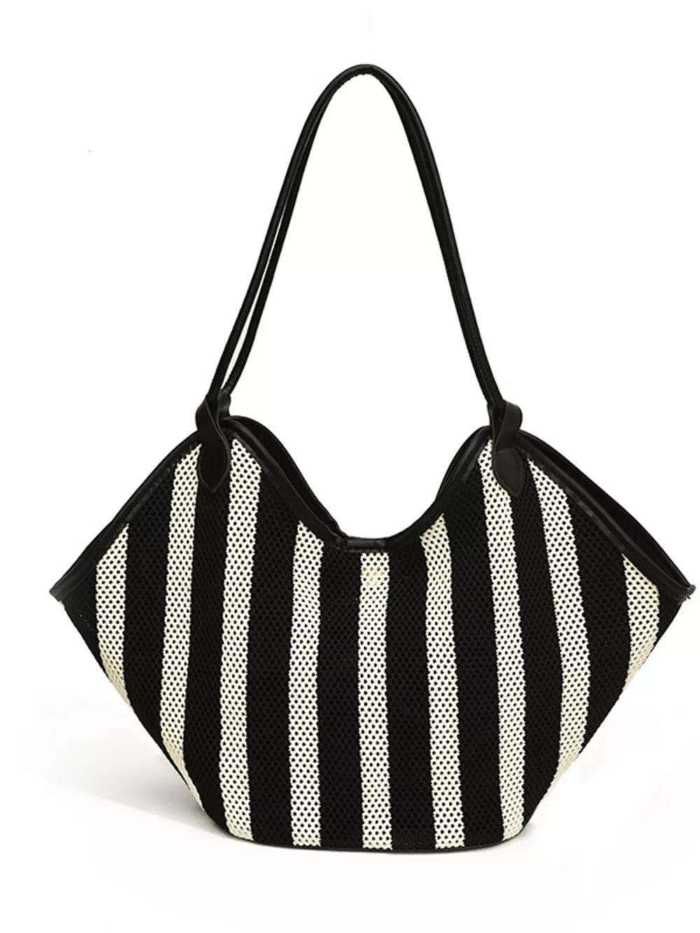 Striped Knit Shoulder Bag in Black with knit texture