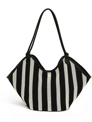 Striped Knit Shoulder Bag in Black with knit texture
