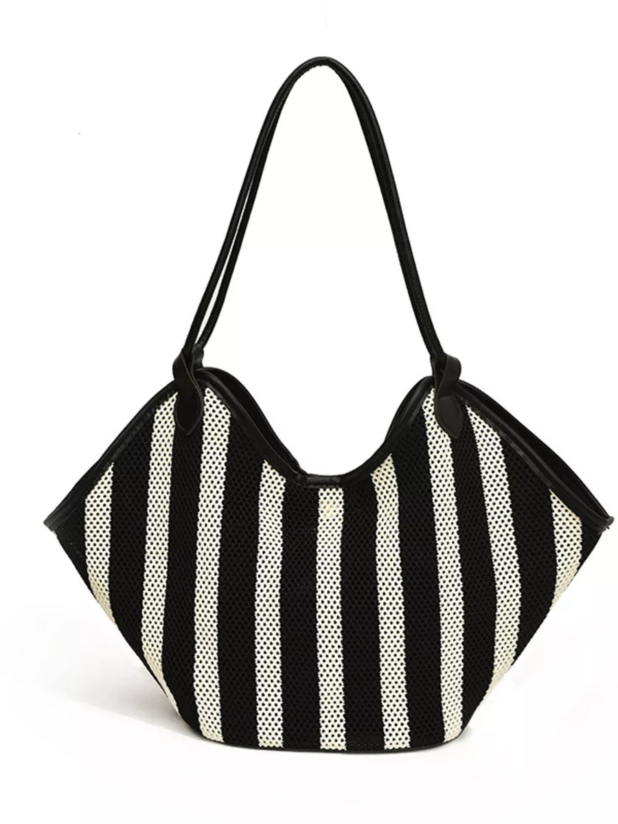 Striped Knit Shoulder Bag in Black with knit texture