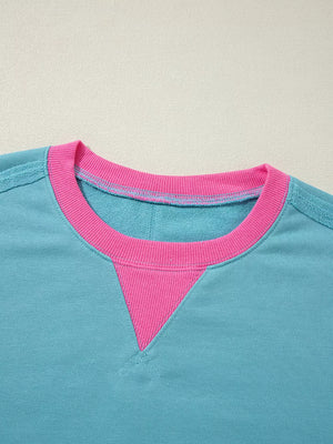 Teal with Colorblock Patchwork Crew Neck Sweatshirt in Teal