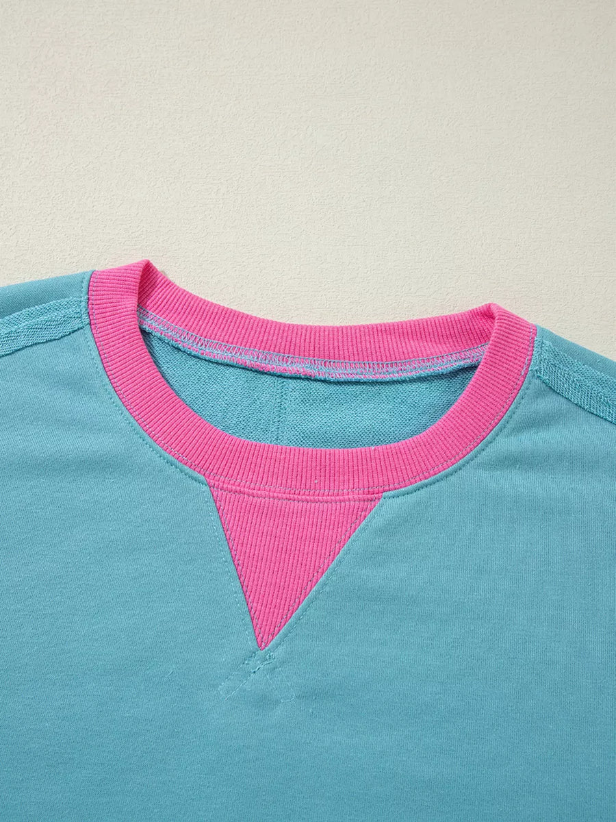 Teal with Colorblock Patchwork Crew Neck Sweatshirt in Teal