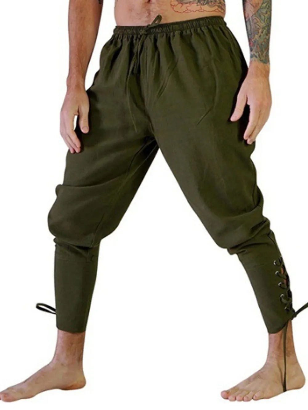 Army green trousers with drawstring waist and lace-up hemline detail