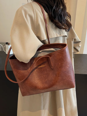 Zip PU Leather Tote Bag in cognac with top handle