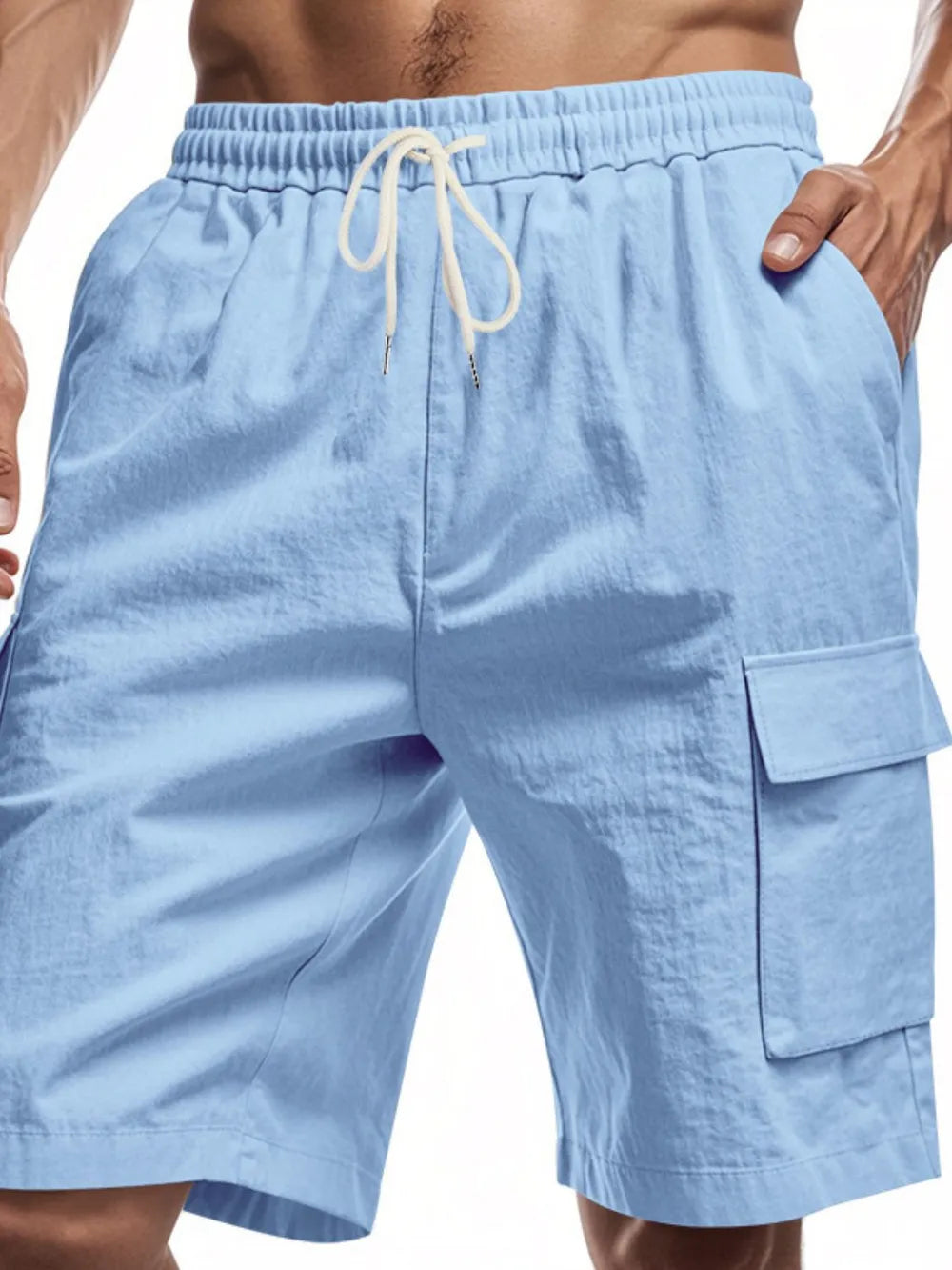 Light blue relaxed fit drawstring cargo shorts with utility pockets.