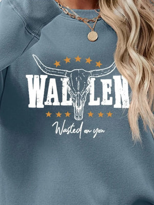Misty Blue graphic sweatshirt with bull skull and text, crewneck, drop shoulder, 100% polyester