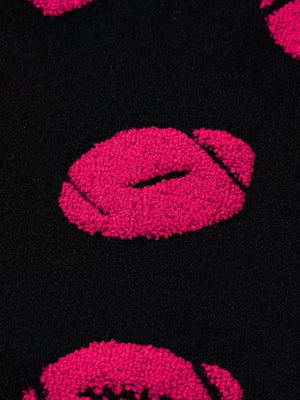 Black knit sweater with fuzzy pink lips pattern