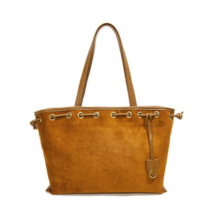 Drawstring Suede Shoulder Bag in camel