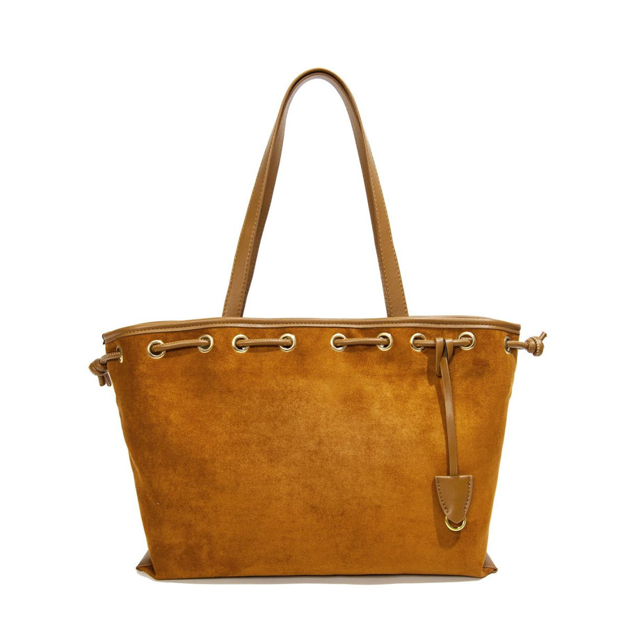 Drawstring Suede Shoulder Bag in camel