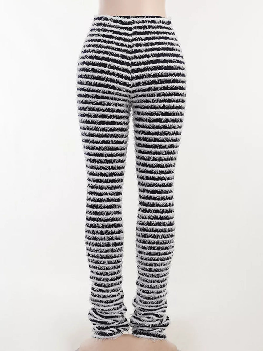 Black And White Striped Fuzzy Knit Pants