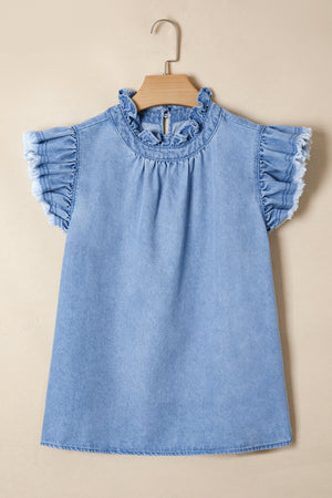 Frilled collar distressed denim top with ruffled cap sleeves and frayed hem.