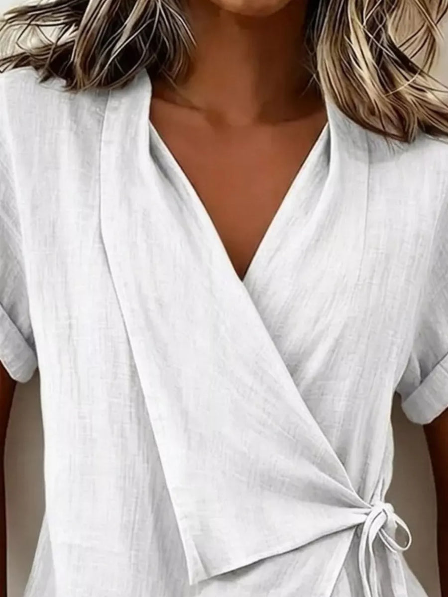 modern wrap top in Gray with v-neck