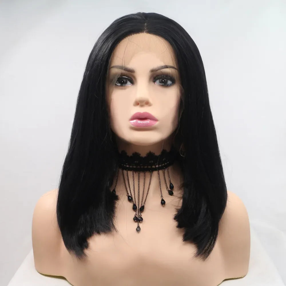 Black blunt-cut bob lace front wig with a center part, styled on a mannequin wearing a black beaded choker.