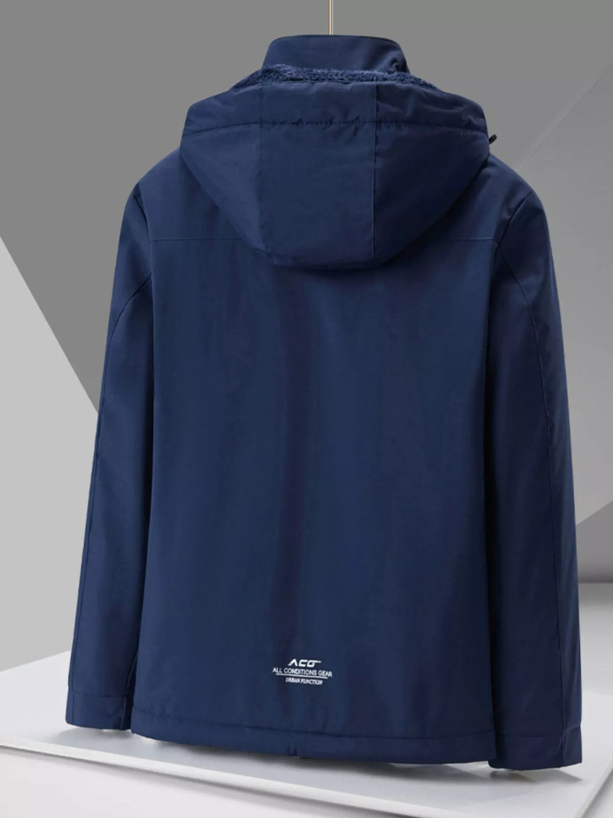 Plus-size hooded winter jacket in Indigo with a printed logo detail on the back.