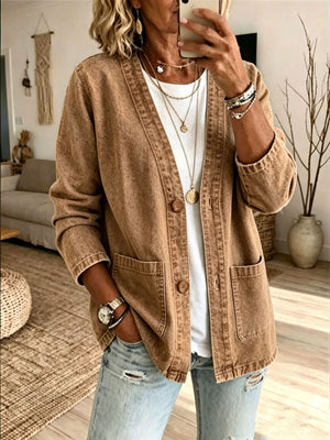 Moss denim jacket with hip-length and button-front