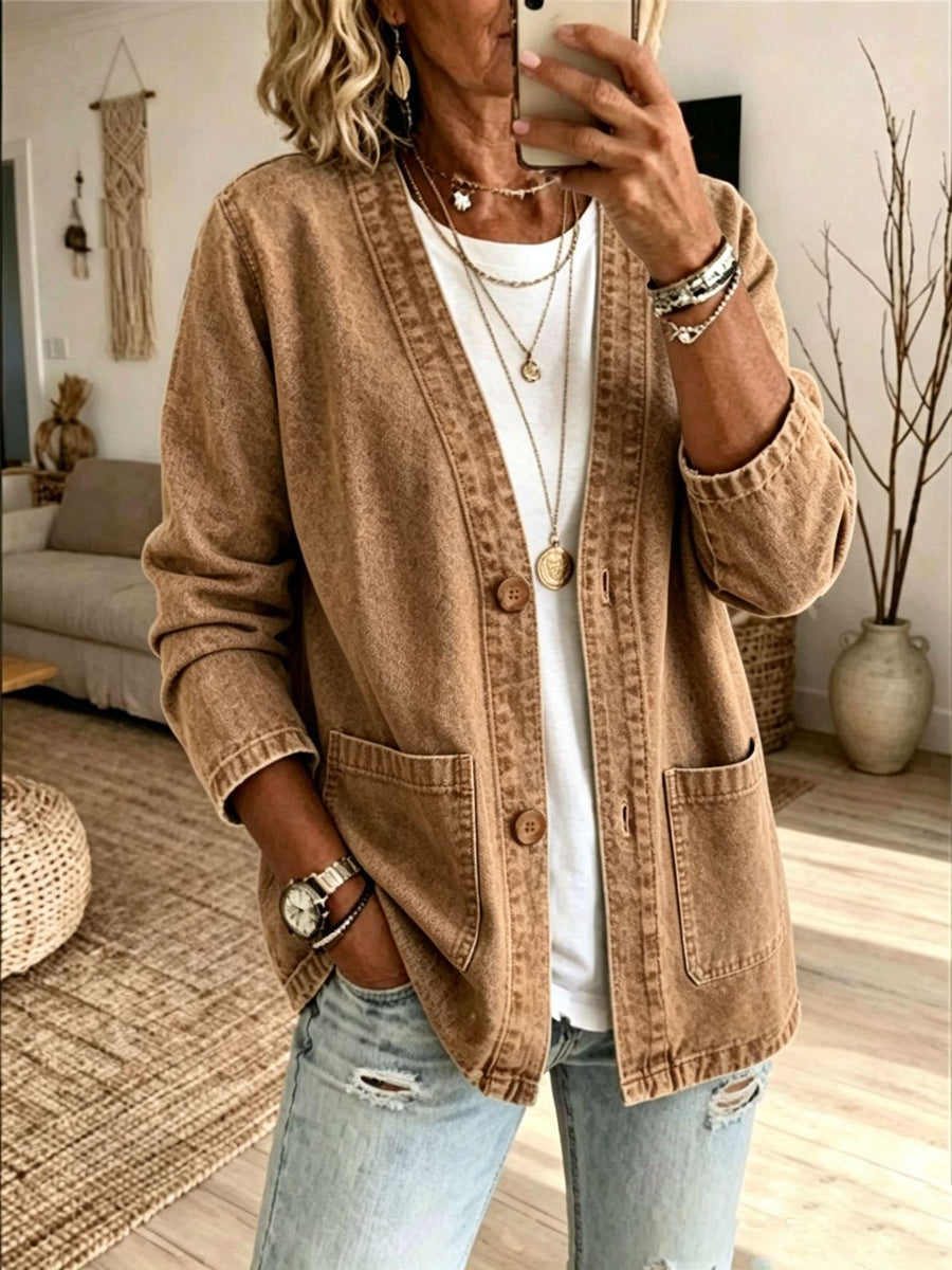 Moss denim jacket with hip-length and button-front