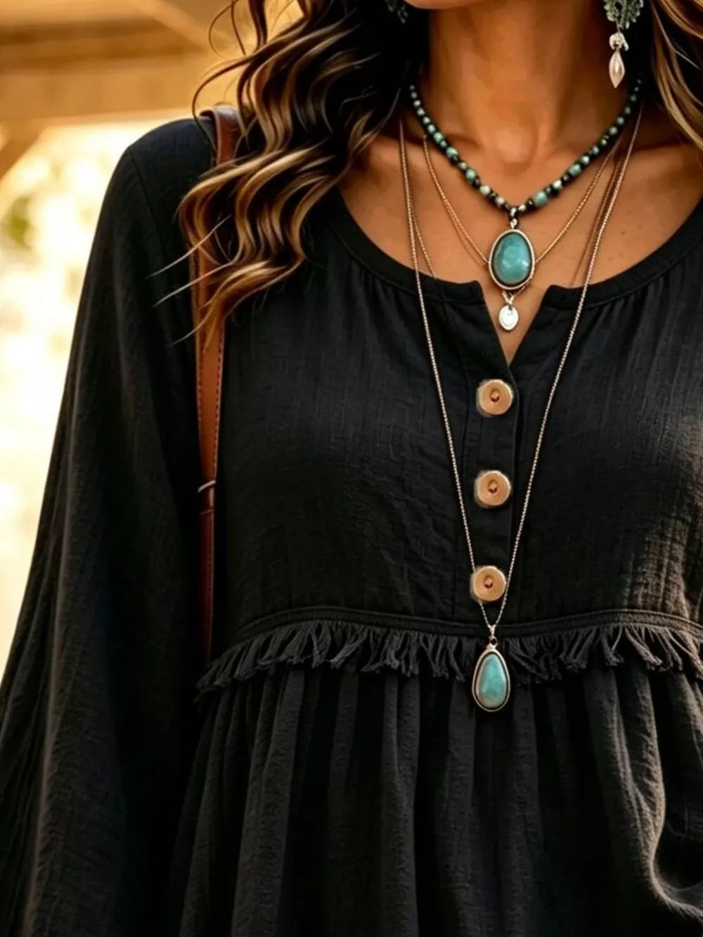 Button-down Detail Fringed Hem Blouse in Black with fringe