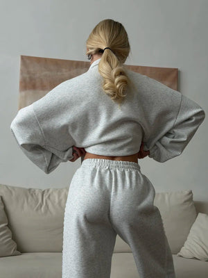 light grey lounge set with elastic cuffs and long sleeve