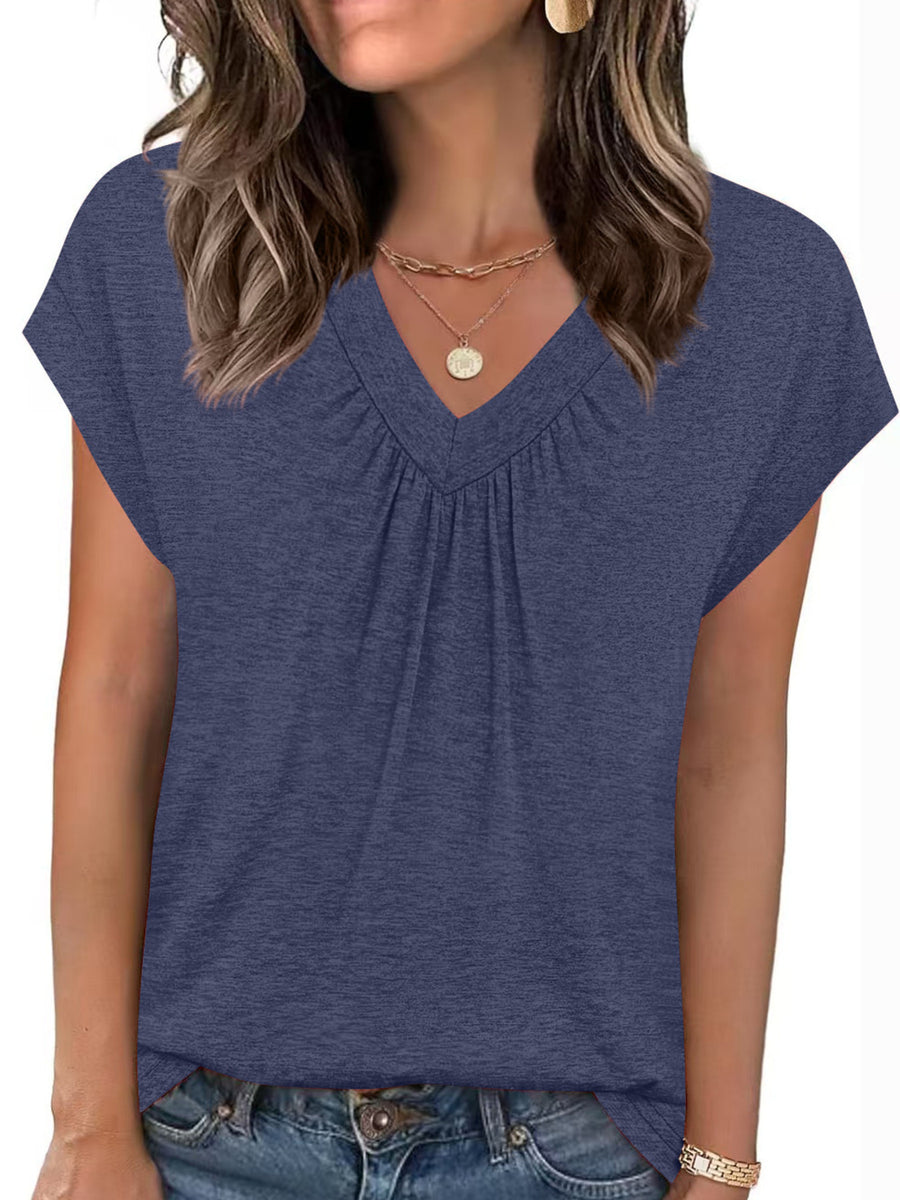 Navy v-neck t-shirt with ruched detail and short sleeves.