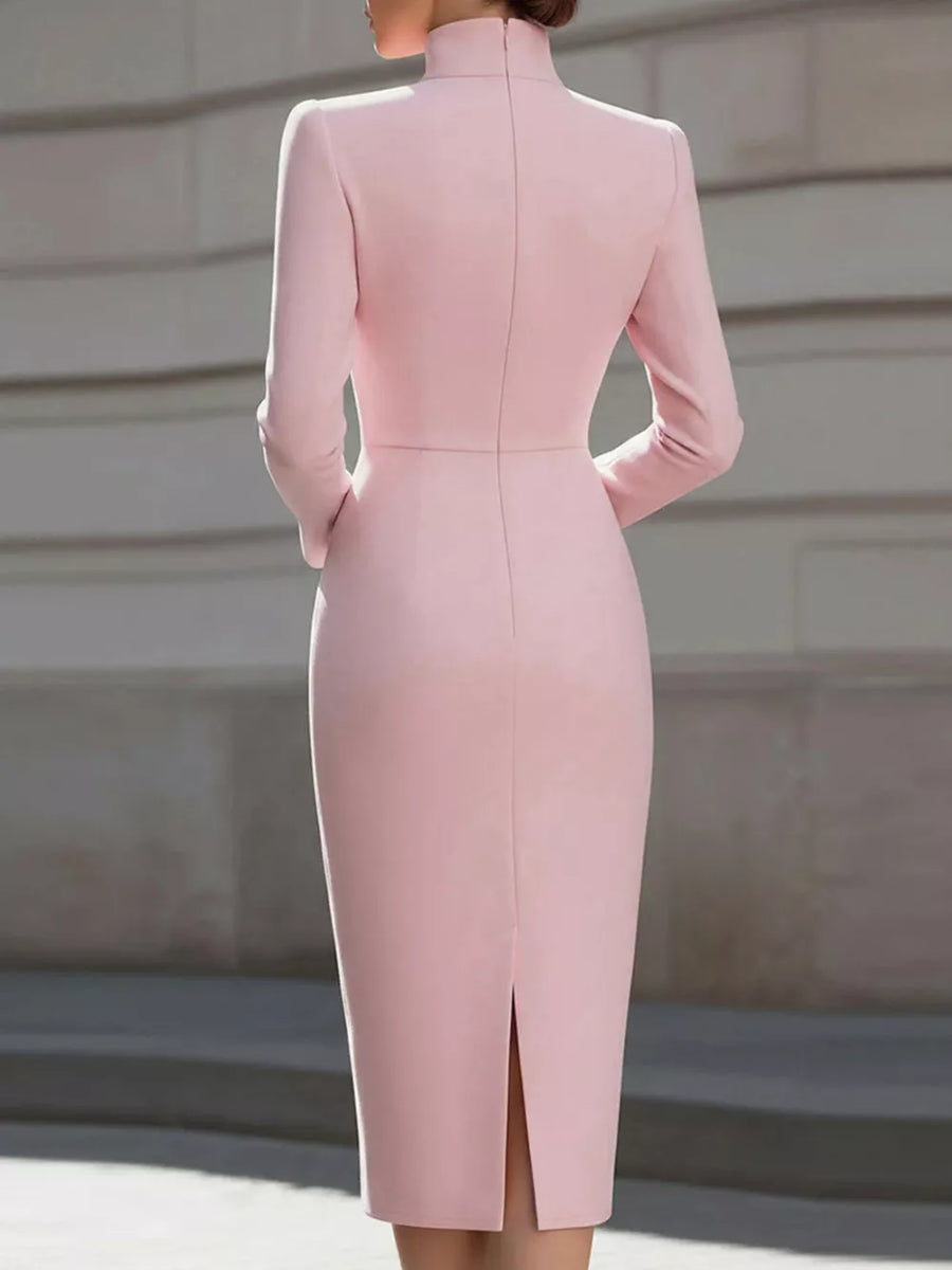 Dusty Pink High Neck Long Sleeve Slit Dress