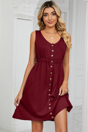 Burgundy button-down a-line summer dress with elastic waist and v-neck