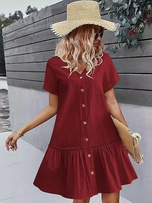 mini dress in Burgundy with v-neck and short sleeve