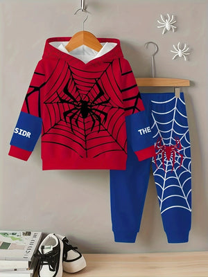 Baby Spider Web Hoodie and Pants Set in red and blue with spider web print