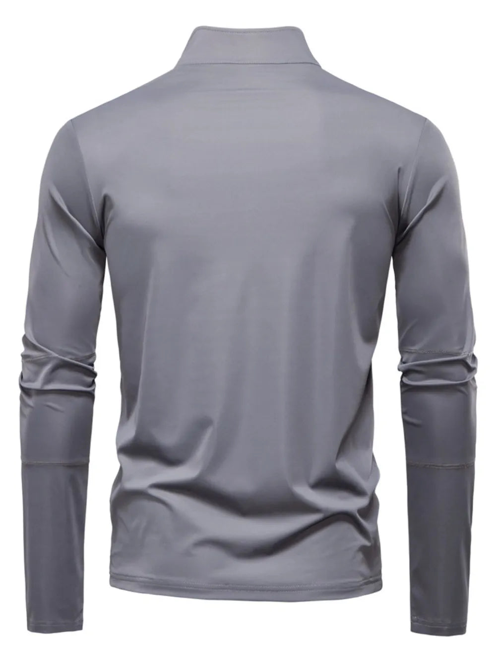 Performance zip-neck tee in gray with structured shoulders and long sleeves.