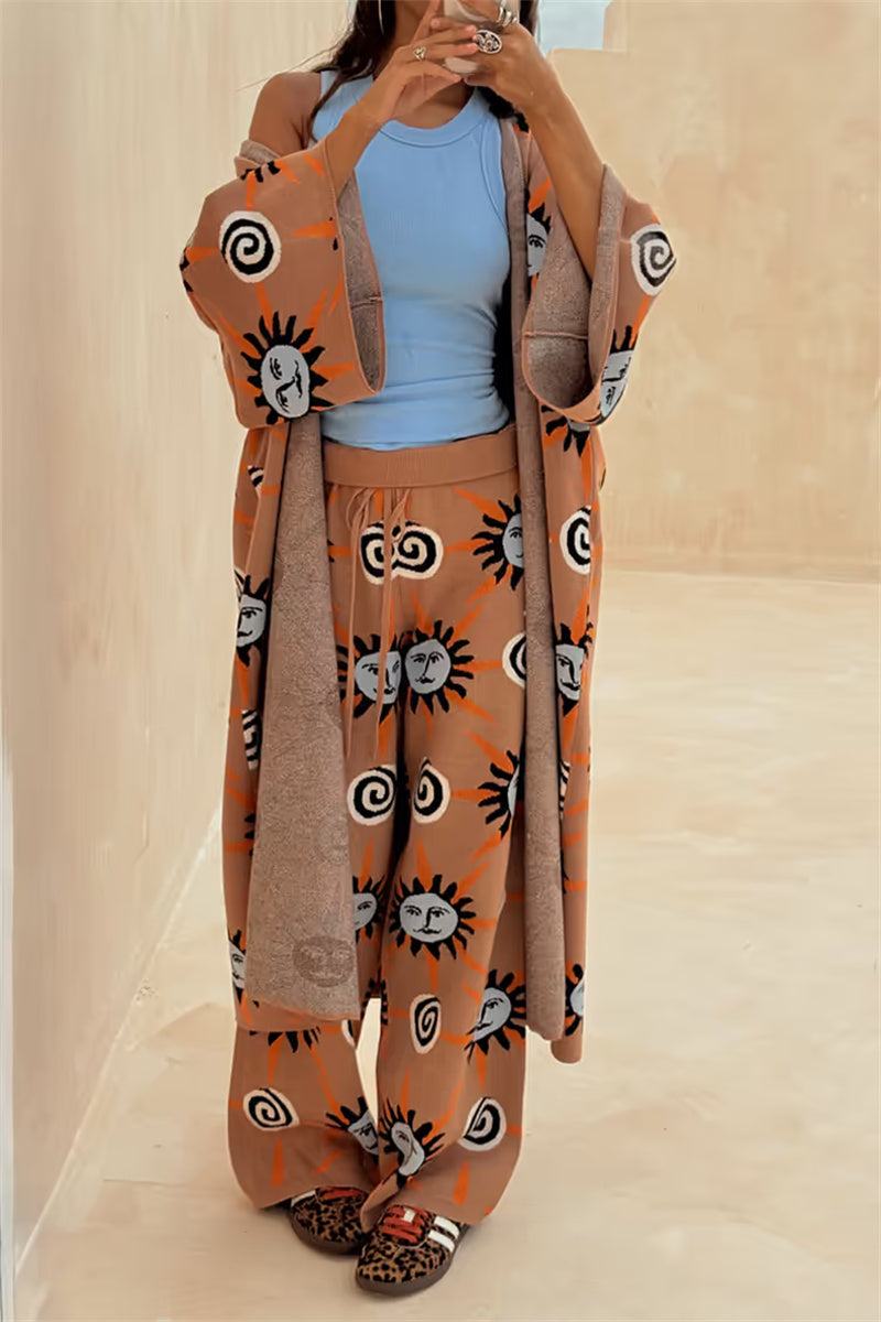Sun Graphic Sweater Set With Cardigan And Pants in black