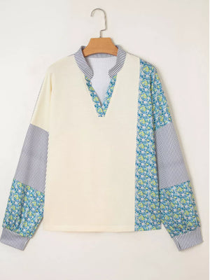 Floral Striped Drop Sleeve Collared Sweatshirt in Cream, view 11