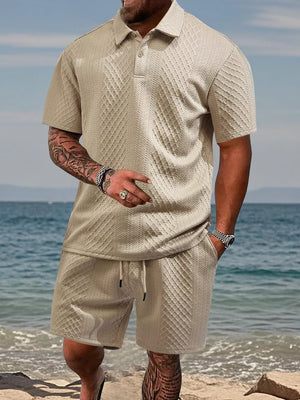 Khaki textured knit polo shirt and drawstring shorts set with classic collar