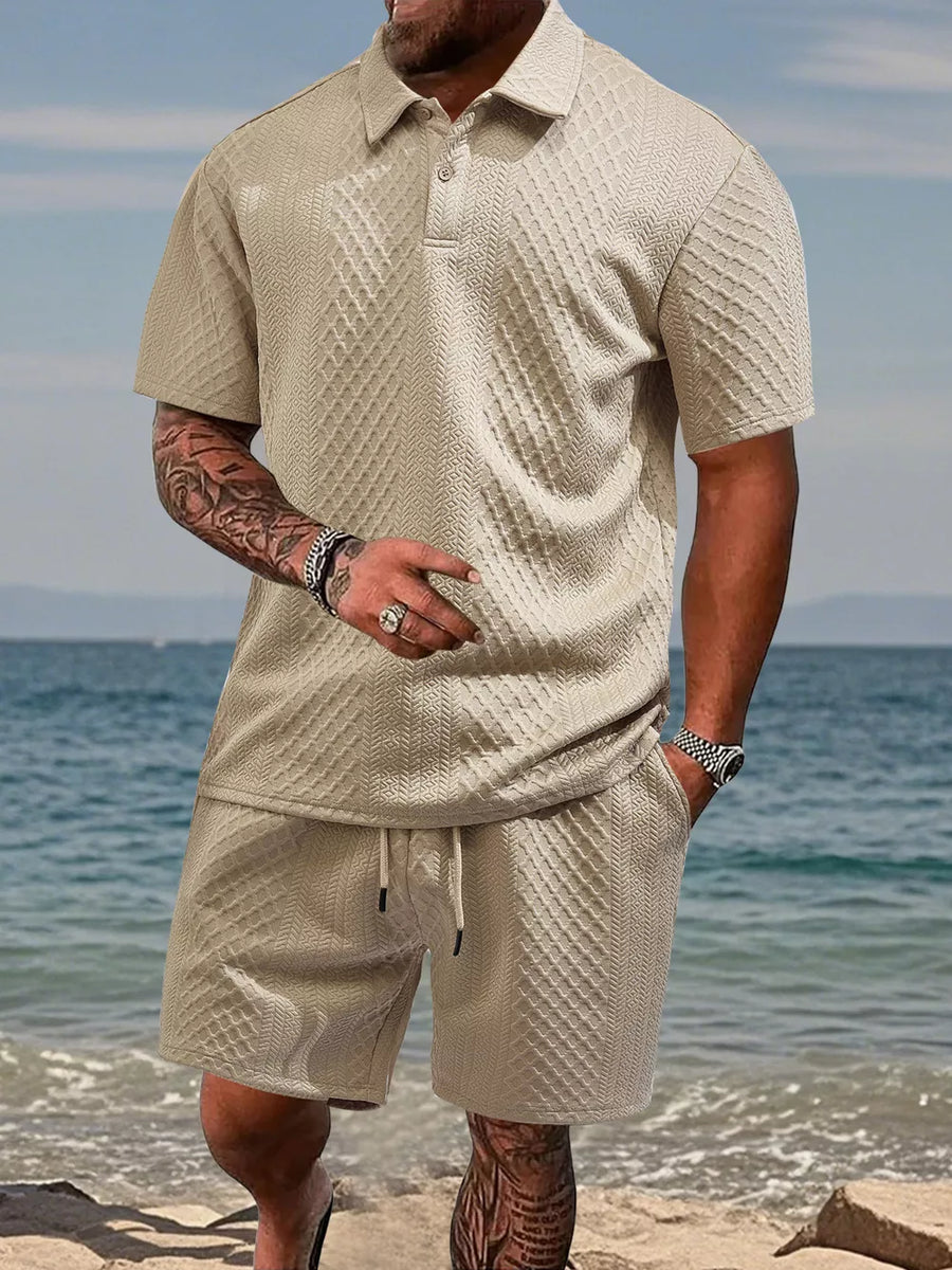 Khaki textured knit polo shirt and drawstring shorts set with classic collar