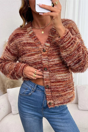 Rust with Fuzzy Striped Button Front Cardigan Sweater in Rust