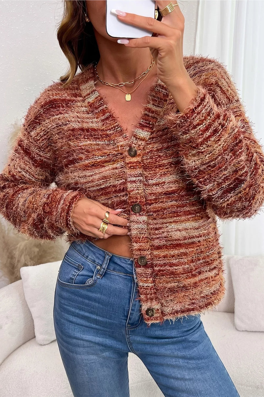 Rust with Fuzzy Striped Button Front Cardigan Sweater in Rust