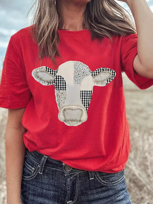 red t-shirt with graphic and round neck