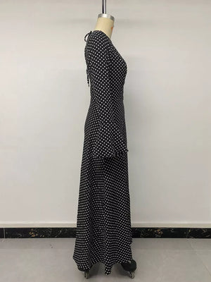 white maxi dress with pullover and polka dot