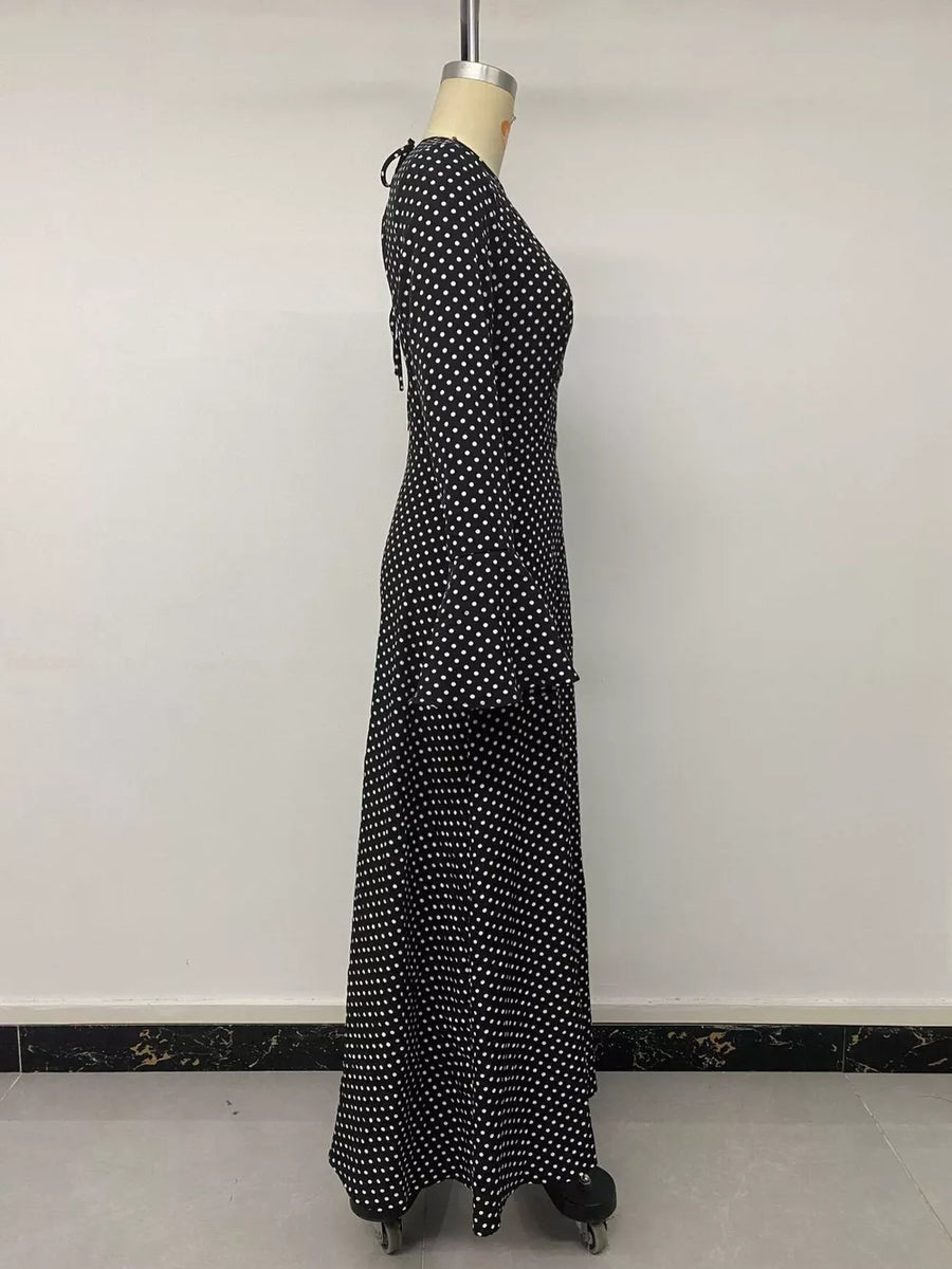 white maxi dress with pullover and polka dot