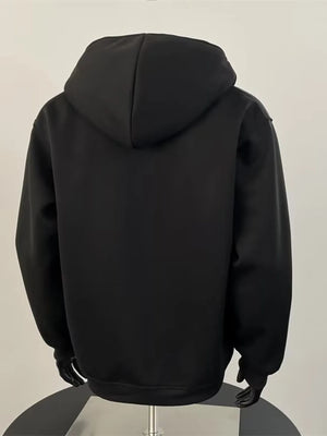 Black zip-up hoodie for men with a comfortable fit and cotton blend material.