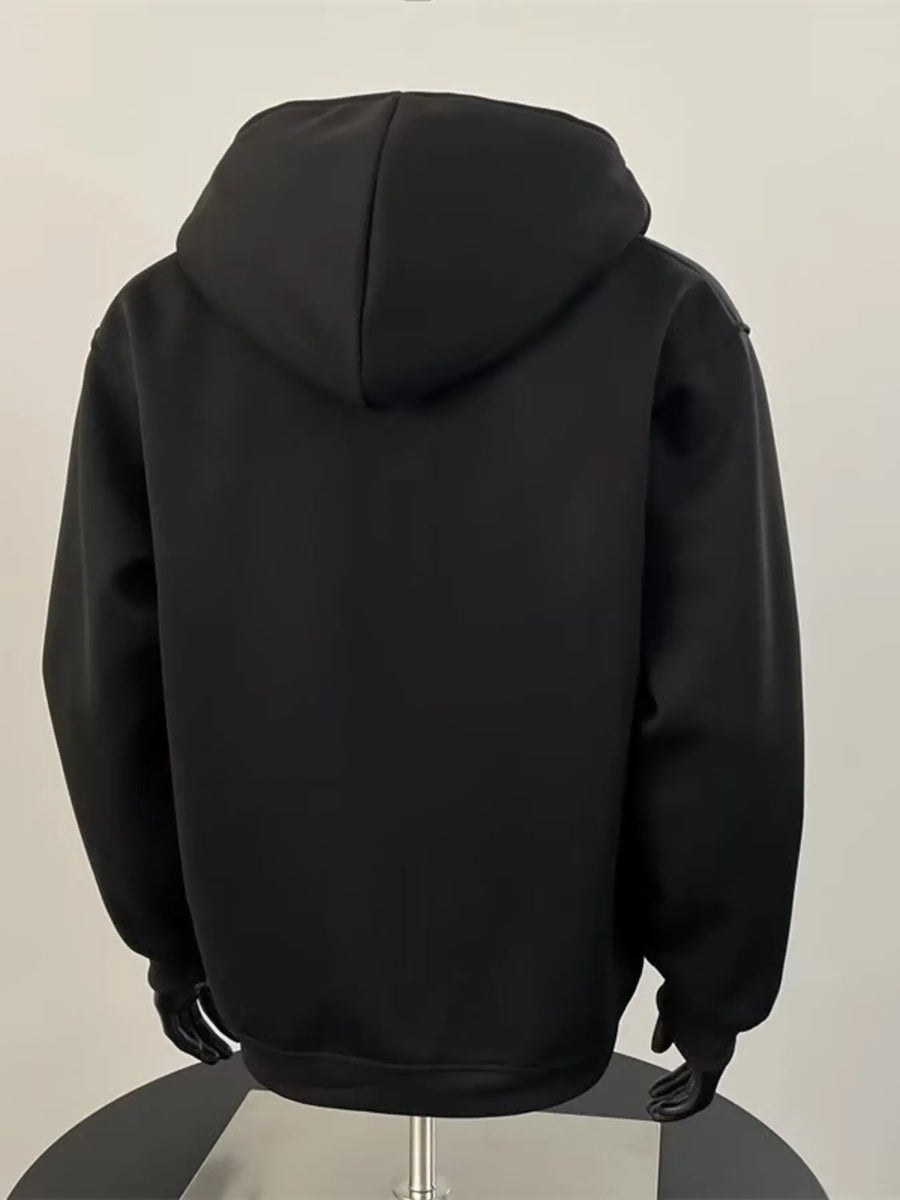 Black zip-up hoodie for men with a comfortable fit and cotton blend material.