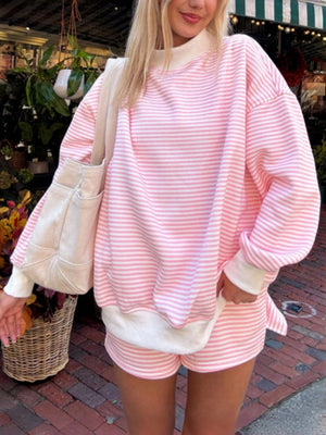 light pink lounge set with striped and mock neck